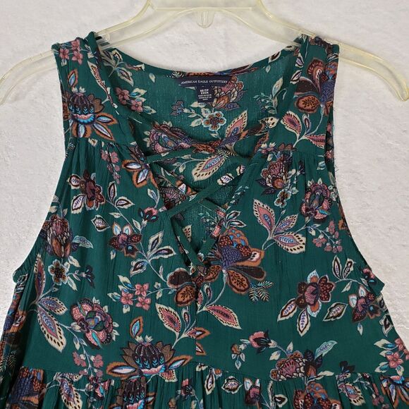 American Eagle Midi Dress Women XS Green Floral  Smocked Sleeveless Summer Flare - Picture 3 of 12